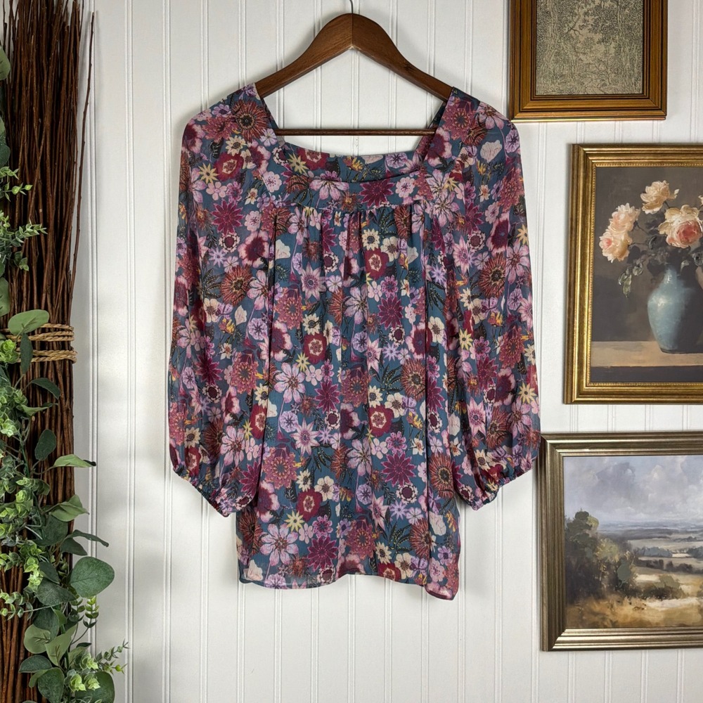 LC Lauren Conrad Floral Blouse Womens Medium Blue Purple Excellent Square Neck